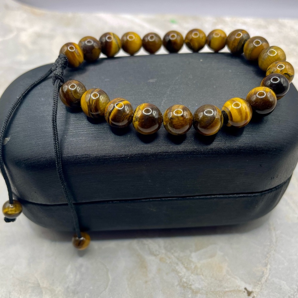Tiger's Eye Beaded Black Cord Adjustable Bracelet